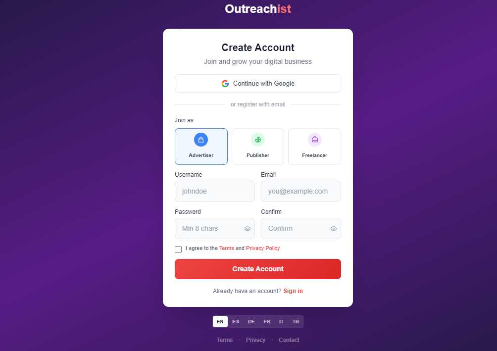 Publisher registration form